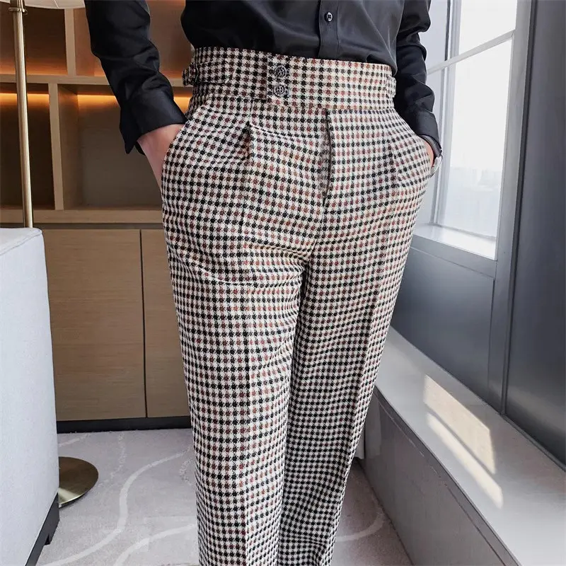 Men Houndstooth Suits Pants British Style Business Casual Trousers New Male High Quality Formal Wear Slim Suit Pants Size 36
