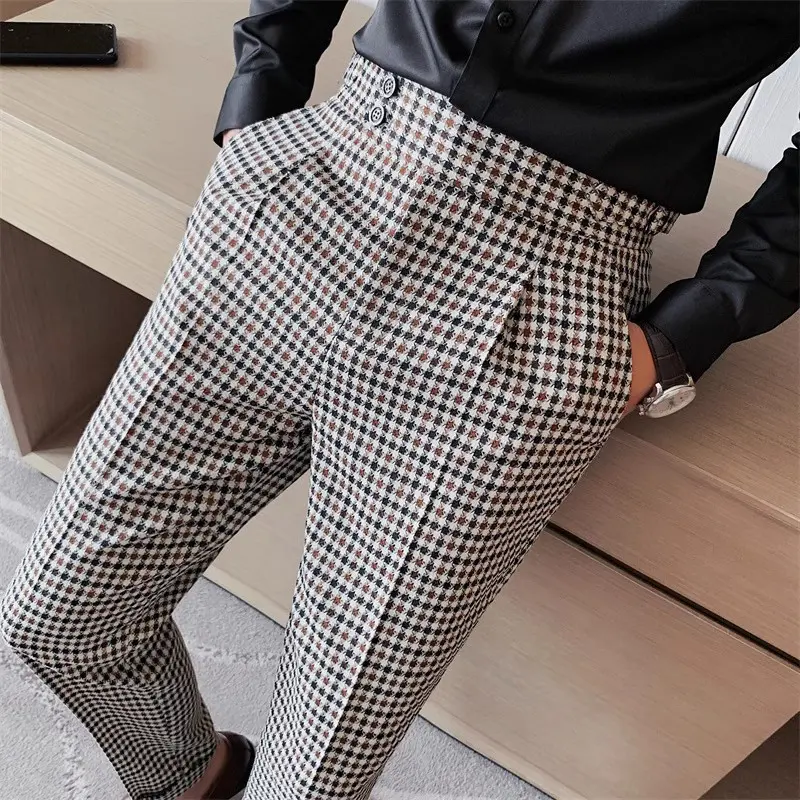 Men Houndstooth Suits Pants British Style Business Casual Trousers New Male High Quality Formal Wear Slim Suit Pants Size 36