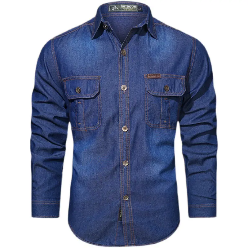 New Spring Men Outdoor Multi-pocket Denim Tooling Shirts Man Long-sleeved Denim Shirts Quality Male Cotton Casual Jeans Shirts 5