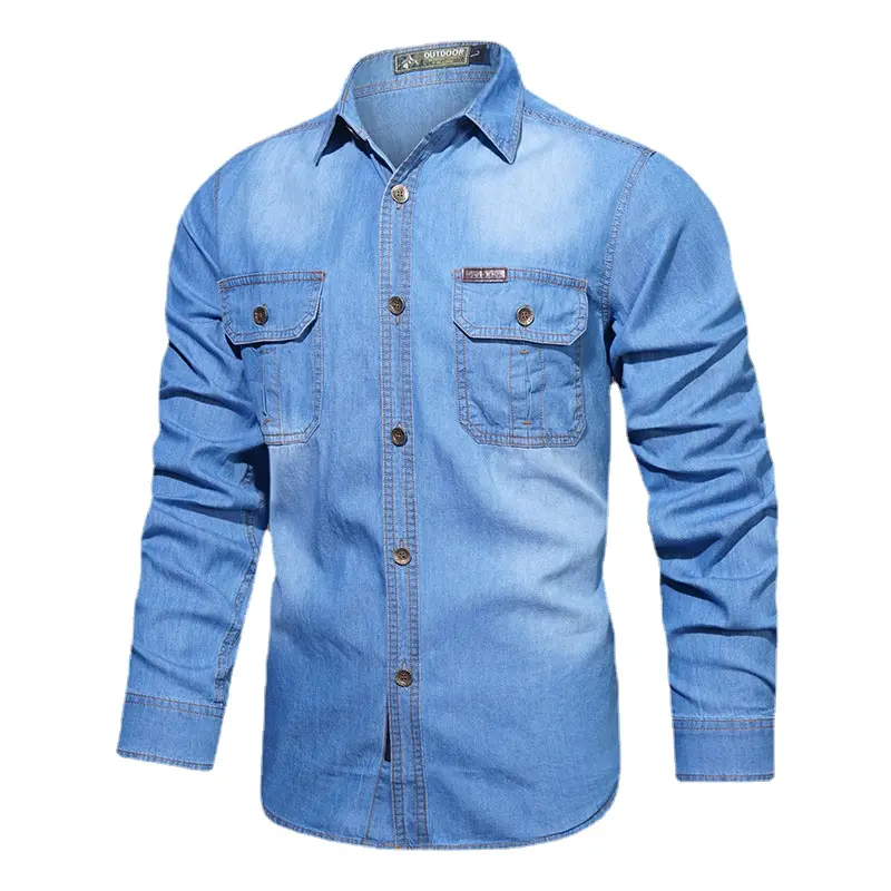 New Spring Men Outdoor Multi-pocket Denim Tooling Shirts Man Long-sleeved Denim Shirts Quality Male Cotton Casual Jeans Shirts 5