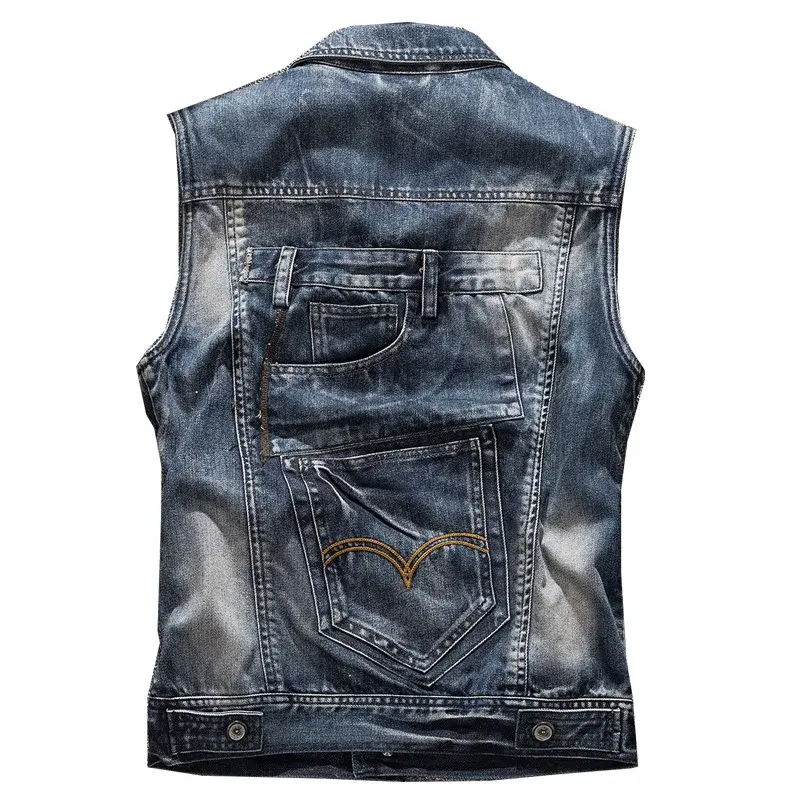 Men Motorcycle Denim Vests Jackets New Fashion Male Slim Fit Denim Coats Vests Punk Style Multiple Pockets Jeans Vest Size 6XL