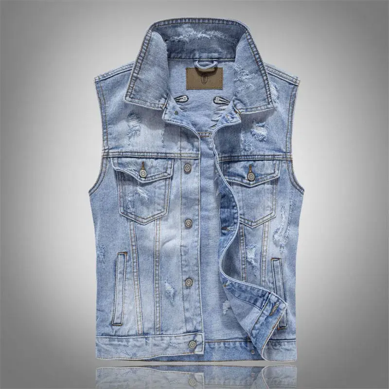 Men Motorcycle Denim Vests Jackets New Fashion Male Slim Fit Denim Coats Vests Punk Style Multiple Pockets Jeans Vest Size 6XL