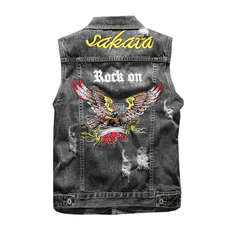 Men Motorcycle Denim Vests Jackets New Fashion Male Slim Fit Denim Coats Vests Punk Style Multiple Pockets Jeans Vest Size 6XL