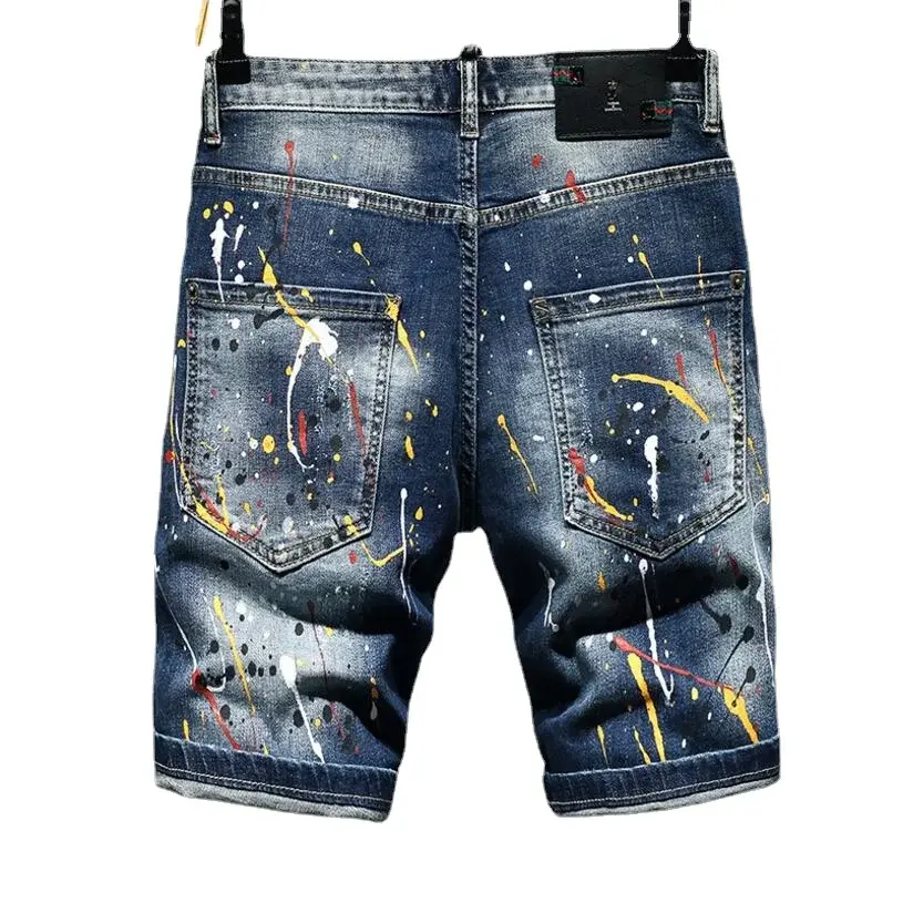 Men Summer Blue Shorts Jeans Holes Denim Shorts Paint Casual Streetwear Jeasn Shorts High Quality Men Slim Fit Stretch Jeans 38