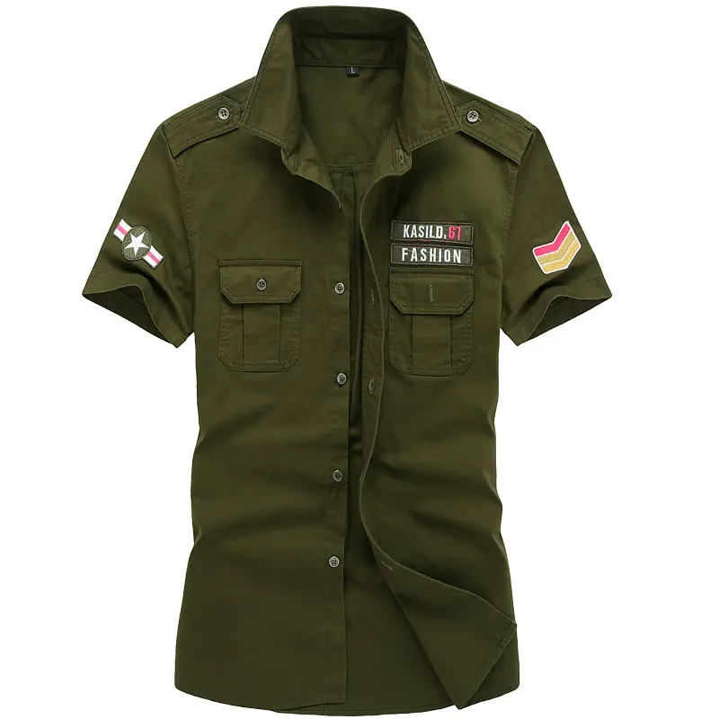 Men Military Stytle Tooling Shirts Short Sleeve Shirts High Quality Men Cotton Casual Shirts New Summer Men Solid Color Shirts
