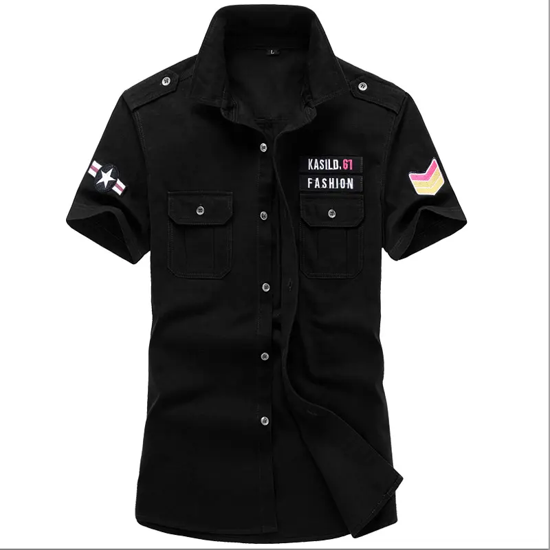 Men Military Stytle Tooling Shirts Short Sleeve Shirts High Quality Men Cotton Casual Shirts New Summer Men Solid Color Shirts