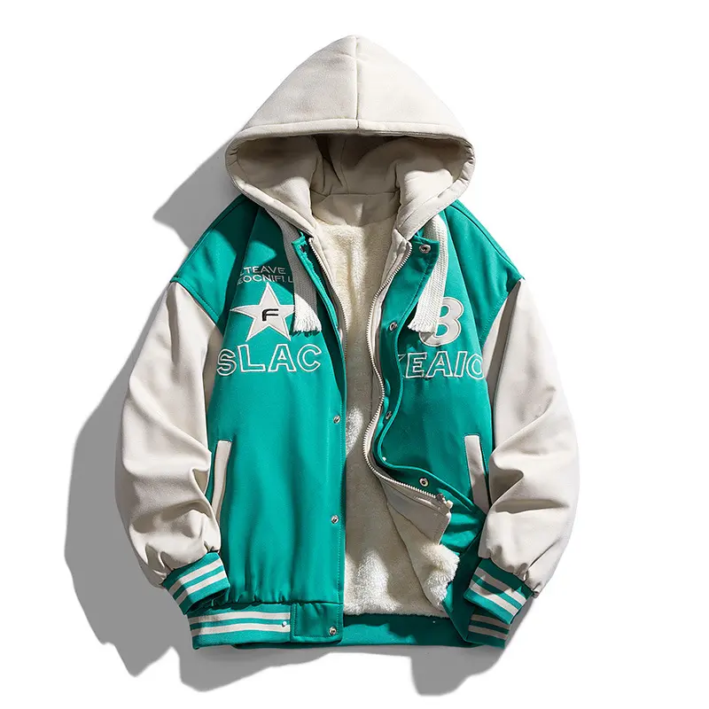 New Fashion Men Streetwear Trendy Hooded Baseball Jackets Fleece Warm Winter Jackets Male Fake Two-piece Loose Casual Coats 3XL