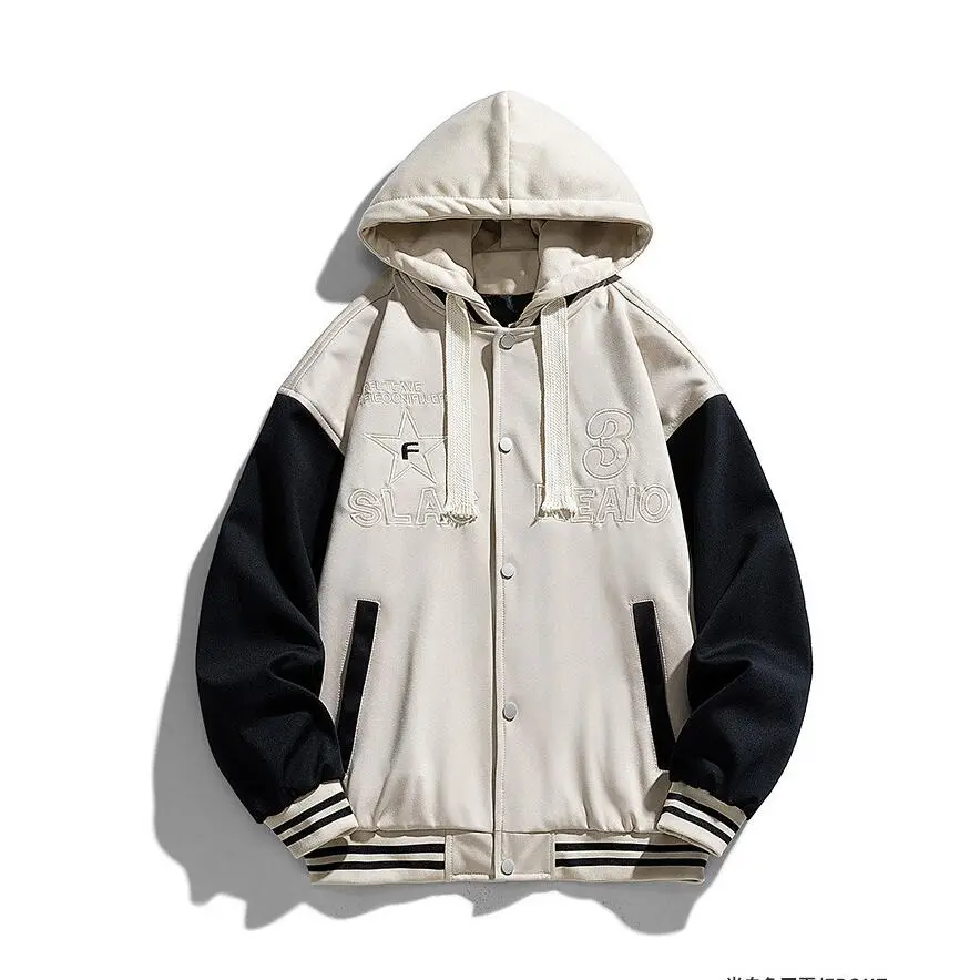 New Fashion Men Streetwear Trendy Hooded Baseball Jackets Fleece Warm Winter Jackets Male Fake Two-piece Loose Casual Coats 3XL