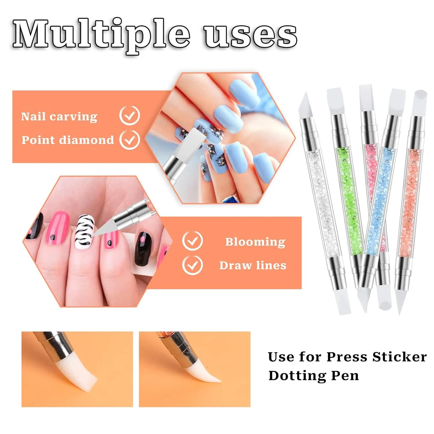 LINMANDA 5Pcs/Set Sculpture Pen Dual Tipped Silicone Nail Tools Acrylic Pen  Brushes for Resin Design for Foil Carving Drawing
