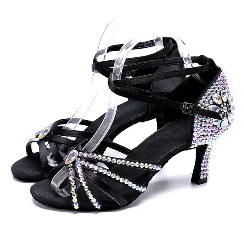 XIHAHA Fashion Women Party Dance Shoes Satin Shining Rhinestones Soft Bottom Latin Dance Shoes Woman Salsa Dance Shoes