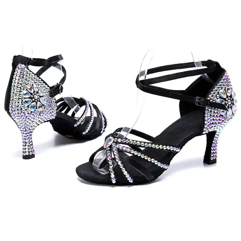 XIHAHA Fashion Women Party Dance Shoes Satin Shining Rhinestones Soft Bottom Latin Dance Shoes Woman Salsa Dance Shoes