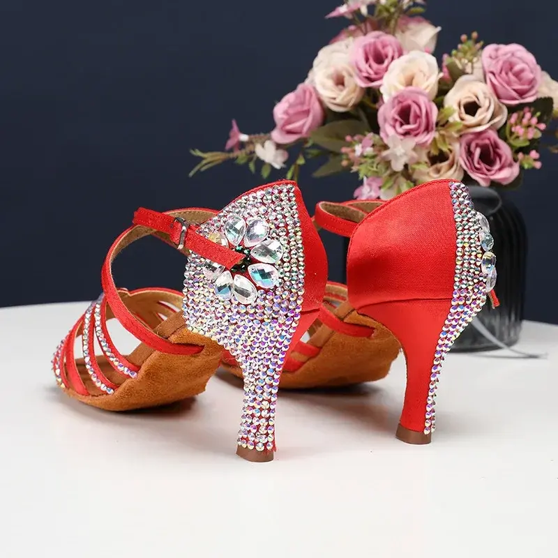 XIHAHA Fashion Women Party Dance Shoes Satin Shining Rhinestones Soft Bottom Latin Dance Shoes Woman Salsa Dance Shoes