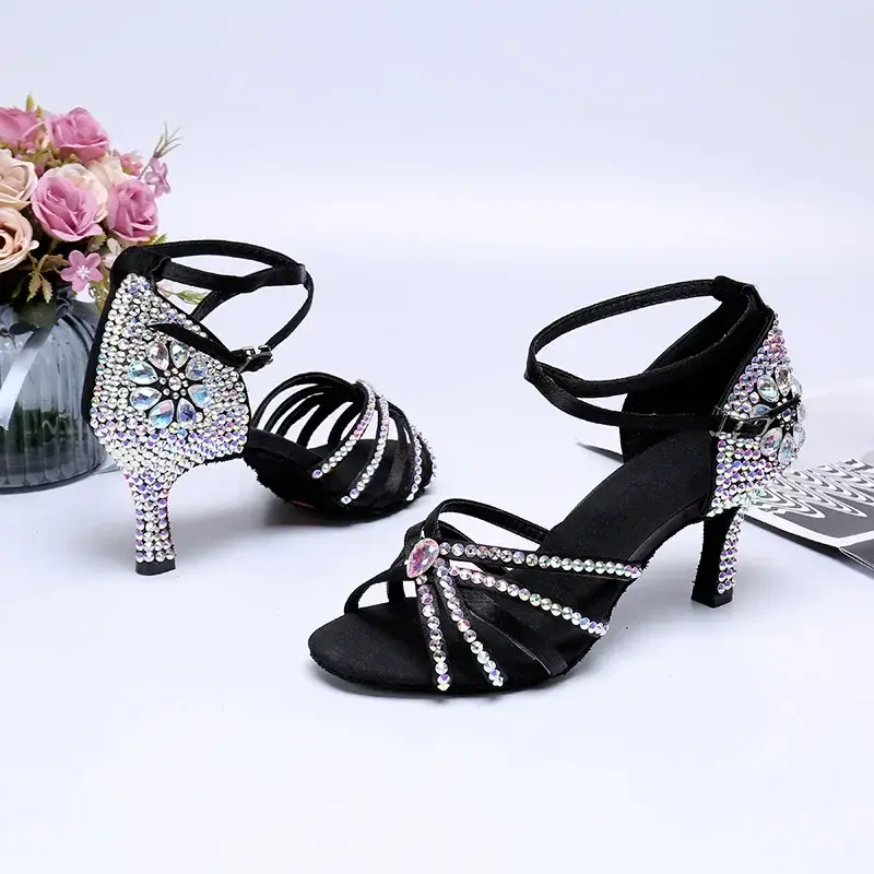 XIHAHA Fashion Women Party Dance Shoes Satin Shining Rhinestones Soft Bottom Latin Dance Shoes Woman Salsa Dance Shoes