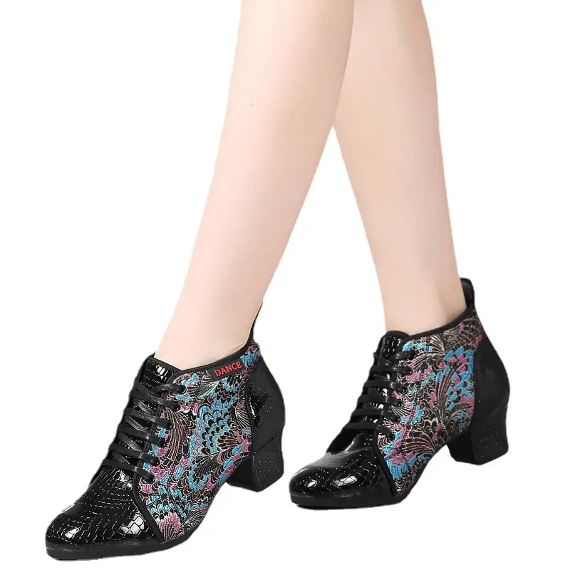 XIHAHA Woman Stone Pattern Splicing Oxford Cloth Women Dance Shoe Latin Dance Shoes Ladies Samba Dancing Shoes Short Boots