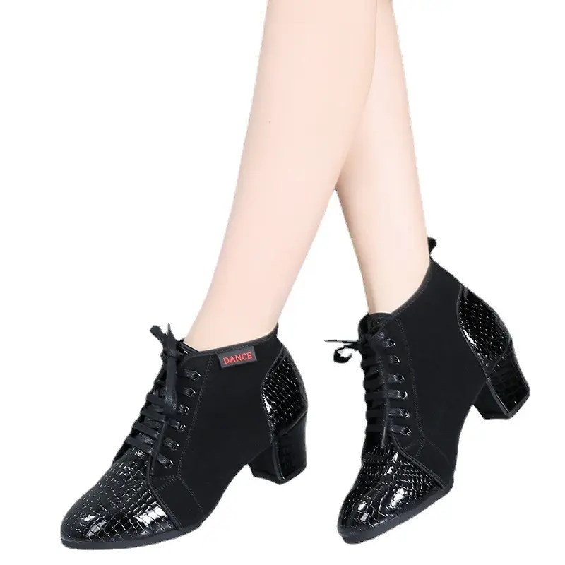 XIHAHA Women Dance ShoeStone Pattern Splicing Oxford Cloth  Latin Dance Shoes Ladies Samba Dancing-Shoes Dance Shoes Short Boots