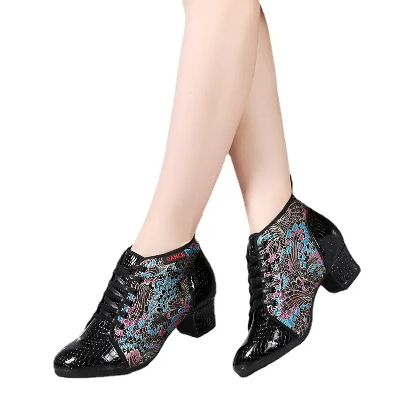 XIHAHA Women Dance ShoeStone Pattern Splicing Oxford Cloth  Latin Dance Shoes Ladies Samba Dancing-Shoes Dance Shoes Short Boots