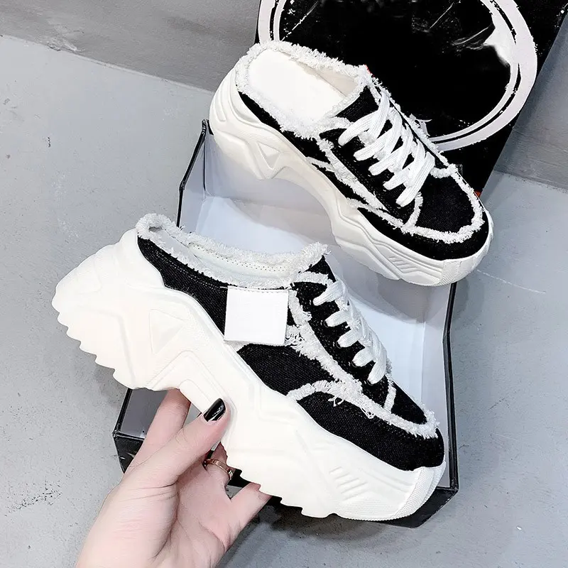 XIHAHA 2023 Fashion Head Wrapper Shoes Women Canvas Lace-up Half Slippers Flat Sneakers Woman Brushed Casual Shoes