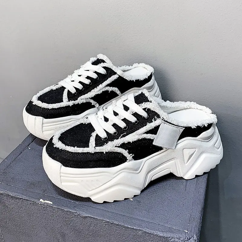 XIHAHA 2023 Fashion Head Wrapper Shoes Women Canvas Lace-up Half Slippers Flat Sneakers Woman Brushed Casual Shoes