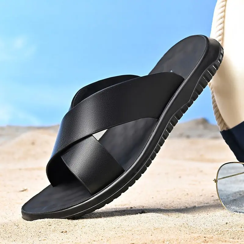 XIHAHA Man Leather Slippers for Men 2023 New Beach Summer Shoes High Quality Big Size 47 Slip on Light Flats Male Flip Flops