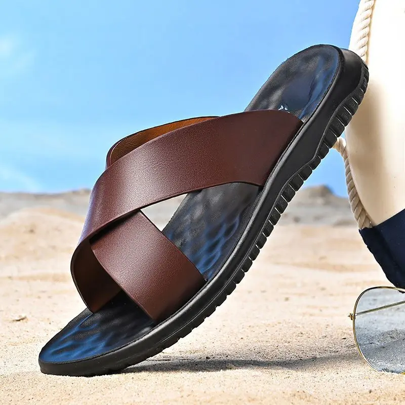 XIHAHA Man Leather Slippers for Men 2023 New Beach Summer Shoes High Quality Big Size 47 Slip on Light Flats Male Flip Flops