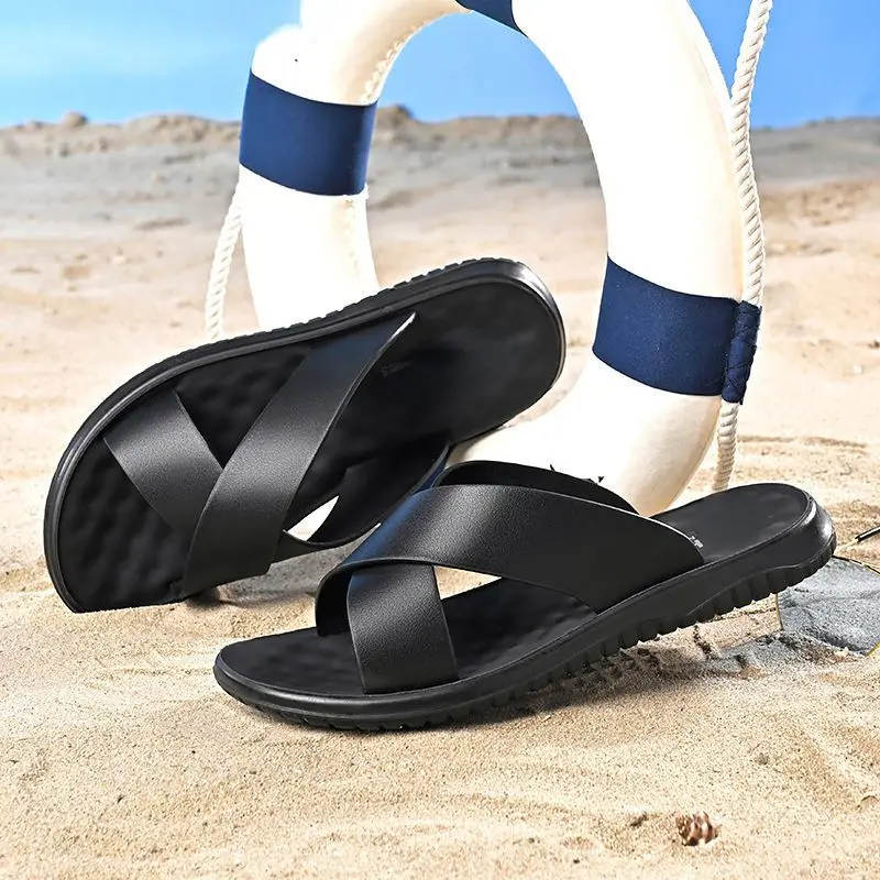 XIHAHA Man Leather Slippers for Men 2023 New Beach Summer Shoes High Quality Big Size 47 Slip on Light Flats Male Flip Flops