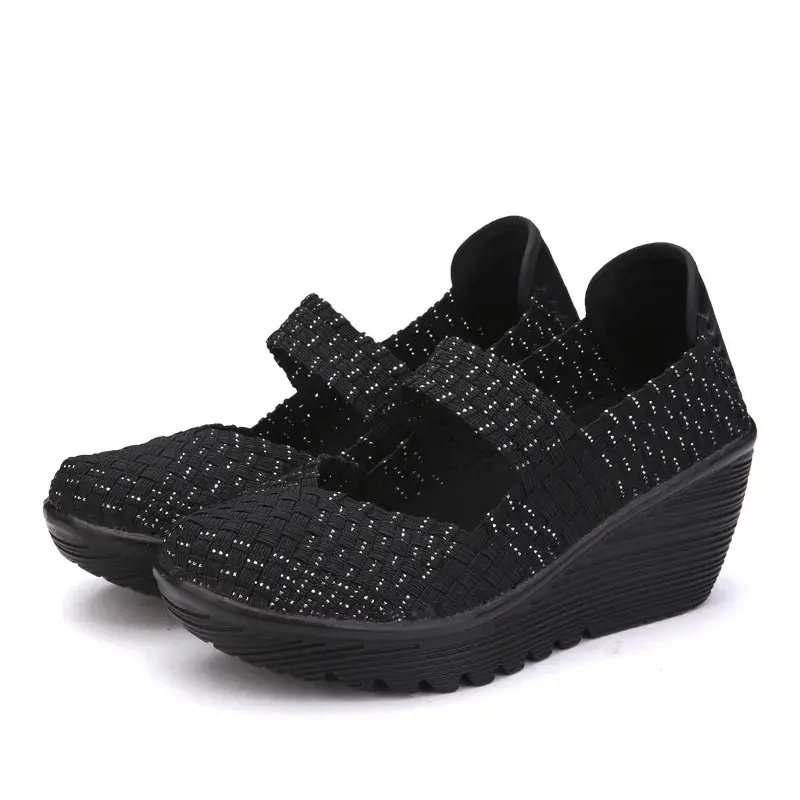 XIHAHA High Help Breathable Casual Women Shoes Loafers Platform Wedges Autumn Woven Slip on High Heel Pumps Square Dancing