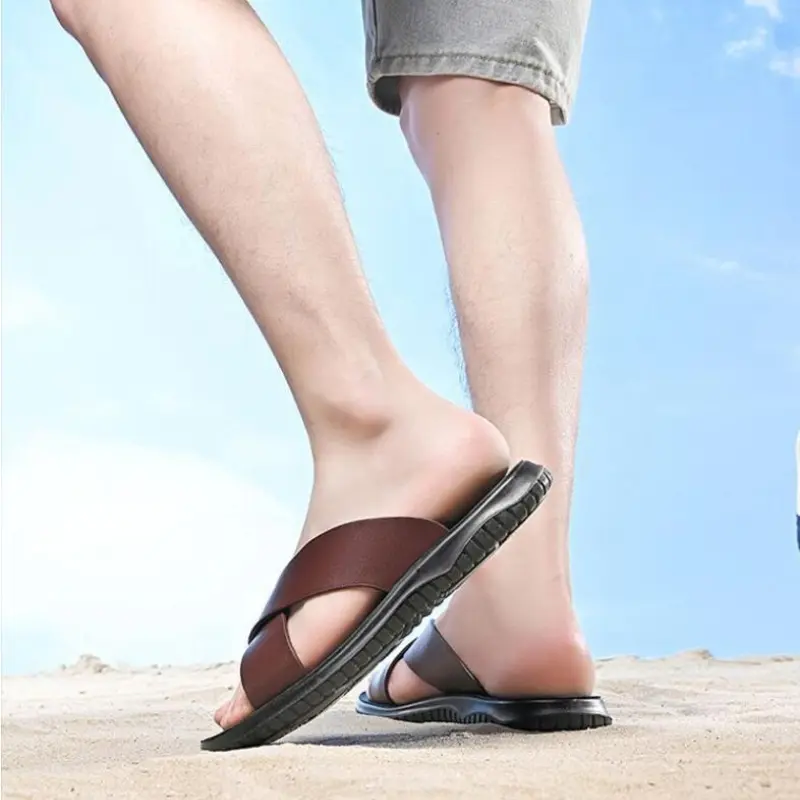 XIHAHA Man Leather Slippers for Men 2023 New Beach Summer Shoes High Quality Big Size 47 Slip on Light Flats Male Flip Flops