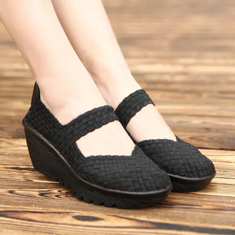 XIHAHA High Help Breathable Casual Women Shoes Loafers Platform Wedges Autumn Woven Slip on High Heel Pumps Square Dancing