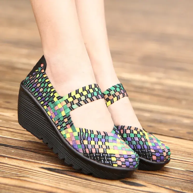 XIHAHA High Help Breathable Casual Women Shoes Loafers Platform Wedges Autumn Woven Slip on High Heel Pumps Square Dancing