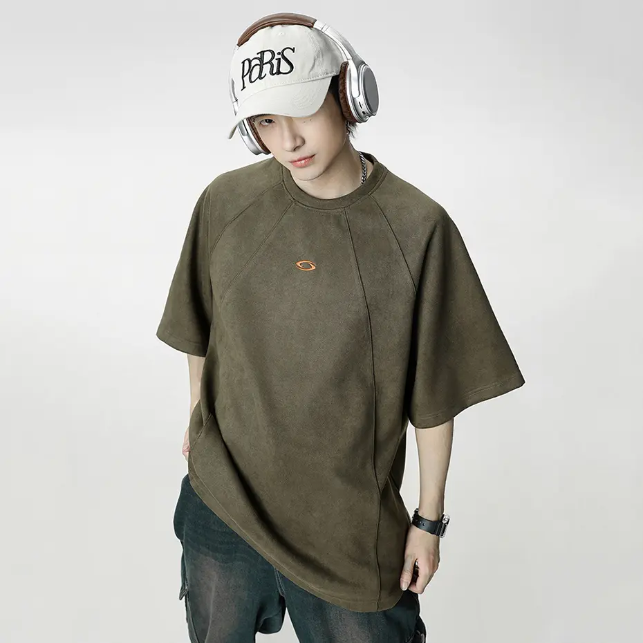 2025 Summer Men Suede T Shirts Embroidery Patchwork Vintage Oversized Tshirt Loose Casual Tee Tops Streetwear Hip Hop T-shirts