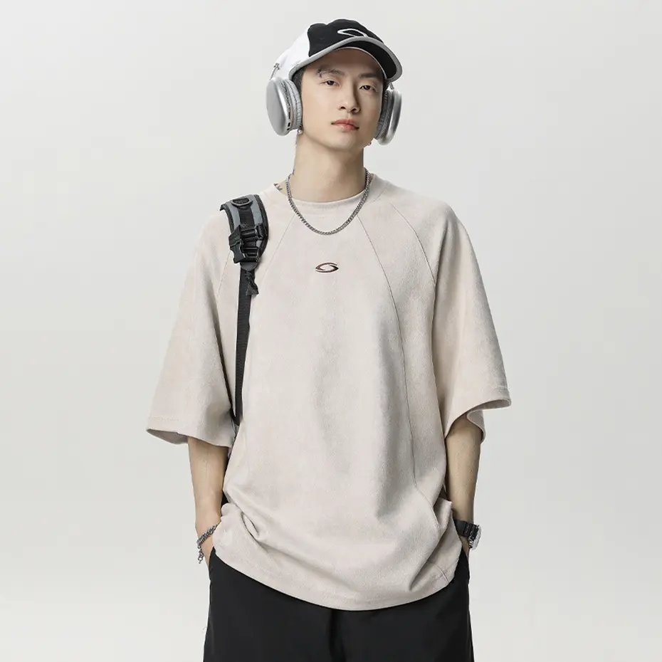 2025 Summer Men Suede T Shirts Embroidery Patchwork Vintage Oversized Tshirt Loose Casual Tee Tops Streetwear Hip Hop T-shirts