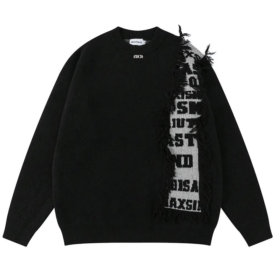 Tassel Patchwork Knit Sweater Black Beige Loose Casual Pullover Sweater Knitted Jumper 2024 Harajuku Hip Hop Streetwear Sweater