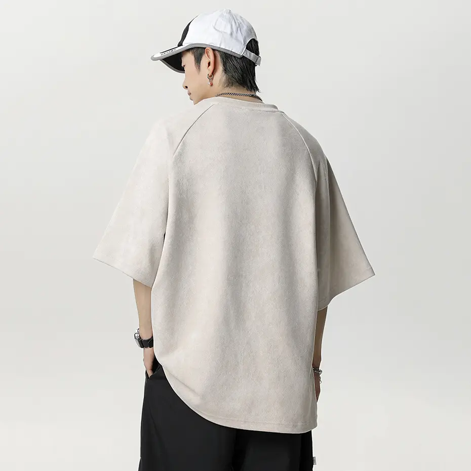 2025 Summer Men Suede T Shirts Embroidery Patchwork Vintage Oversized Tshirt Loose Casual Tee Tops Streetwear Hip Hop T-shirts