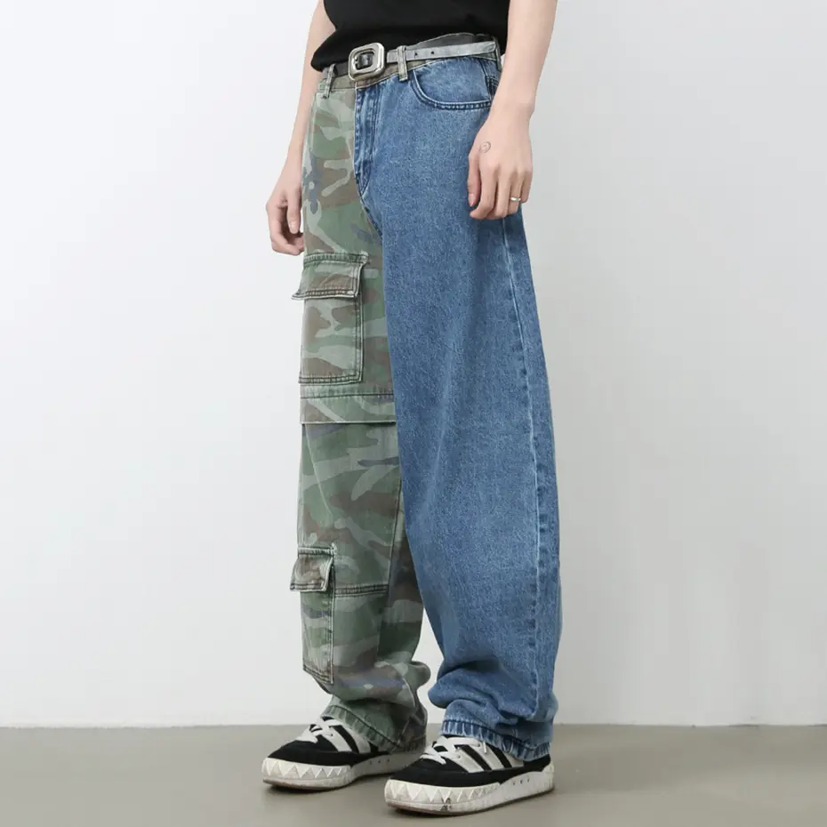 Camouflage Patchwork Baggy Jeans Multi Pocket Loose Straight Denim Pants Men Vintage Cargo Jeans Trousers