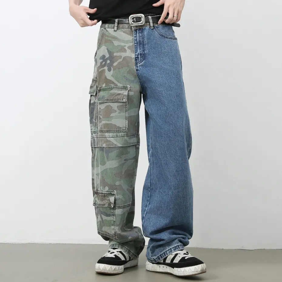 Camouflage Patchwork Baggy Jeans Multi Pocket Loose Straight Denim Pants Men Vintage Cargo Jeans Trousers