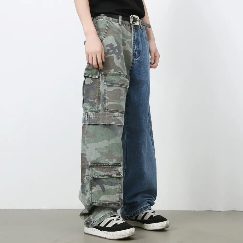 Camouflage Patchwork Baggy Jeans Multi Pocket Loose Straight Denim Pants Men Vintage Cargo Jeans Trousers
