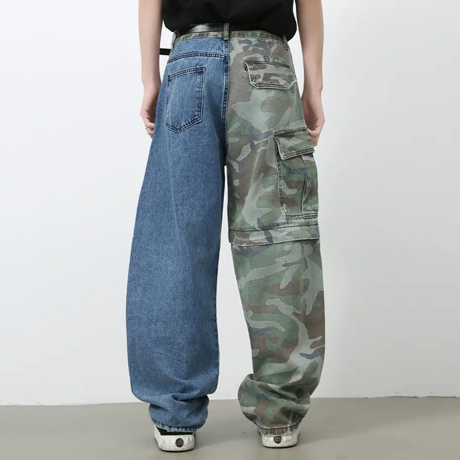 Camouflage Patchwork Baggy Jeans Multi Pocket Loose Straight Denim Pants Men Vintage Cargo Jeans Trousers