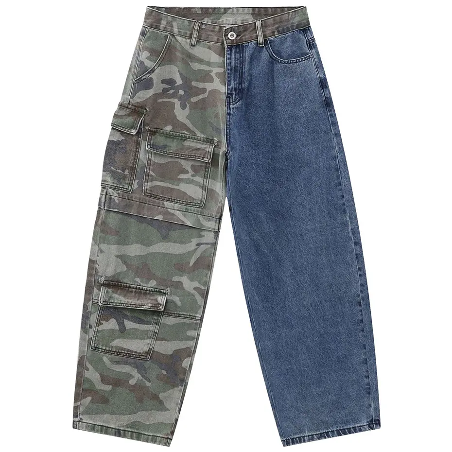 Camouflage Patchwork Baggy Jeans Multi Pocket Loose Straight Denim Pants Men Vintage Cargo Jeans Trousers