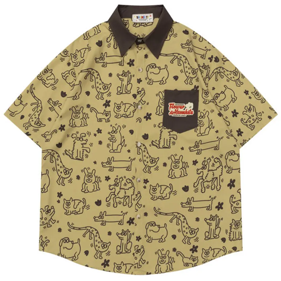 Japanese Harajuku Shirts Cartoon Graphic Short Sleeve Shirts Men Summer Short Sleeve Button Up Blouse Streetwear Hip Hop Shirts