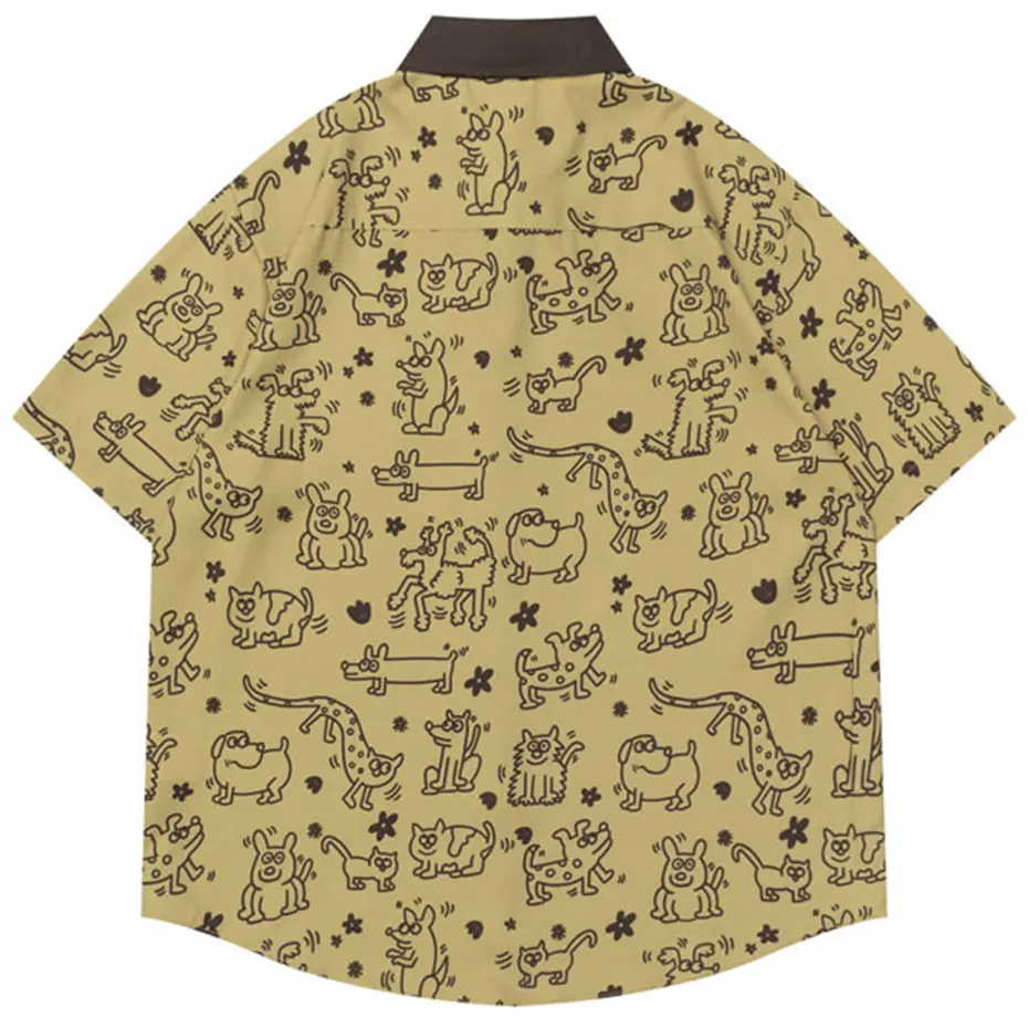 Japanese Harajuku Shirts Cartoon Graphic Short Sleeve Shirts Men Summer Short Sleeve Button Up Blouse Streetwear Hip Hop Shirts