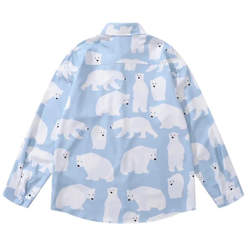 Japanese Harajuku Shirts Polar Bear Long Sleeve Shirts Men Loose Casual Button Up Blouse Tops
