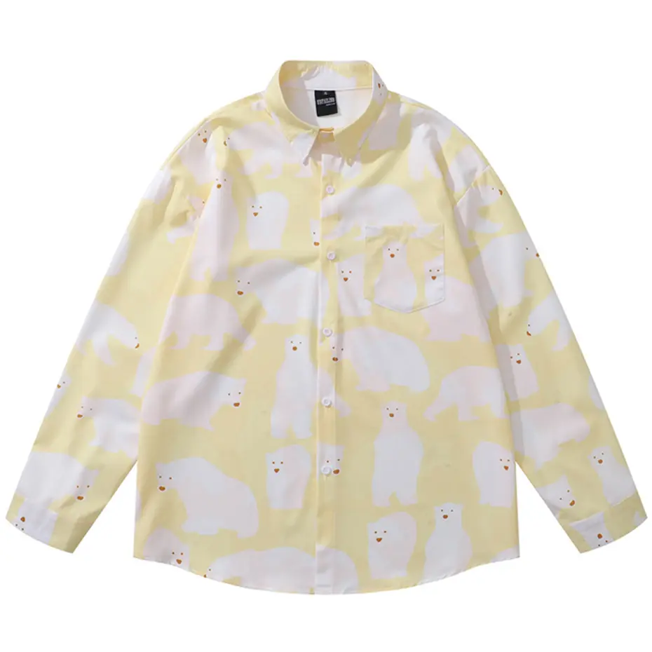 Japanese Harajuku Shirts Polar Bear Long Sleeve Shirts Men Loose Casual Button Up Blouse Tops