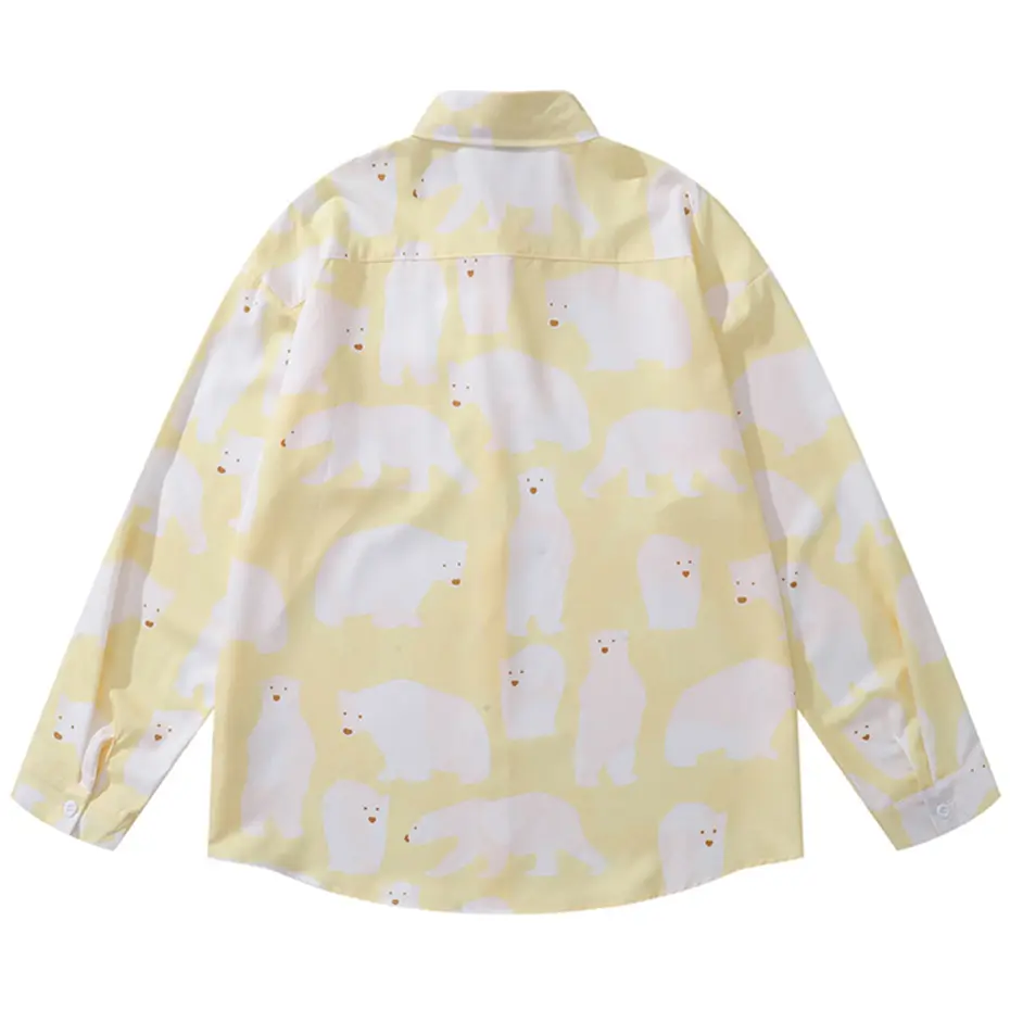 Japanese Harajuku Shirts Polar Bear Long Sleeve Shirts Men Loose Casual Button Up Blouse Tops