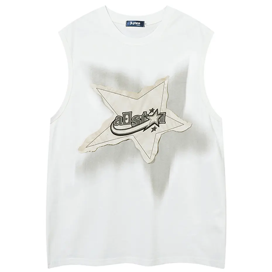 Oversized Vest Star Patchwork Y2K Tops Men Harajuku Streetwear Tank Vests 2025 Fashion Casual Loose Cotton Hip Hop Vest Black