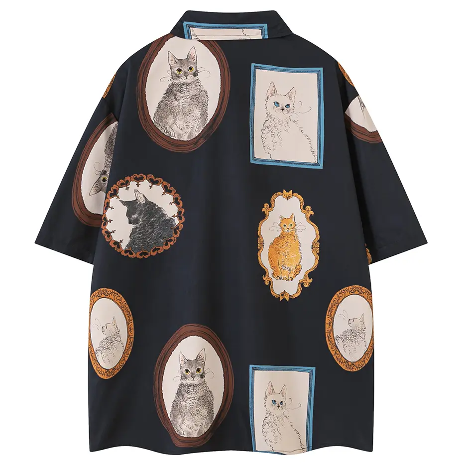 Cat Graphic Shirts Men's 2024 Summer Loose Short Sleeve Shirts Button Up Blouse Oversized Streetwear Fashion Shirts Man