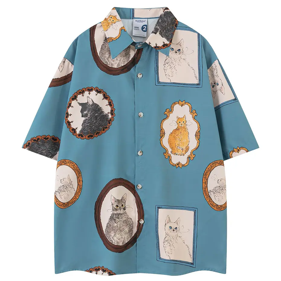Cat Graphic Shirts Men's 2024 Summer Loose Short Sleeve Shirts Button Up Blouse Oversized Streetwear Fashion Shirts Man