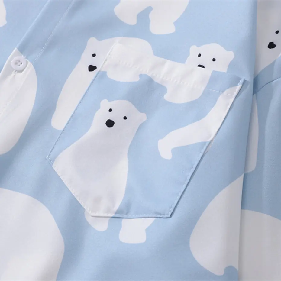 Japanese Harajuku Shirts Polar Bear Long Sleeve Shirts Men Loose Casual Button Up Blouse Tops