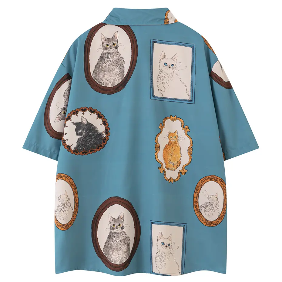 Cat Graphic Shirts Men's 2024 Summer Loose Short Sleeve Shirts Button Up Blouse Oversized Streetwear Fashion Shirts Man