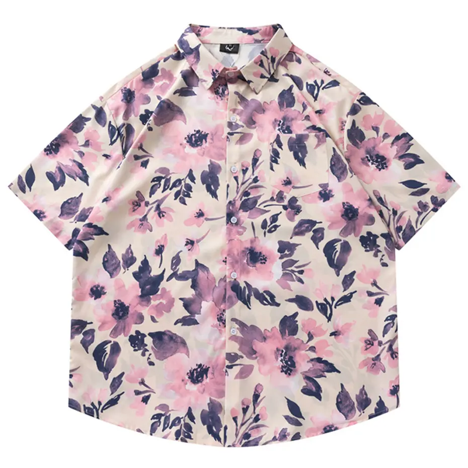 Fashion Flower Printed Shirts Men Summer Short Sleeve Button Up Blouse Harajuku Oversized Shirts Tops