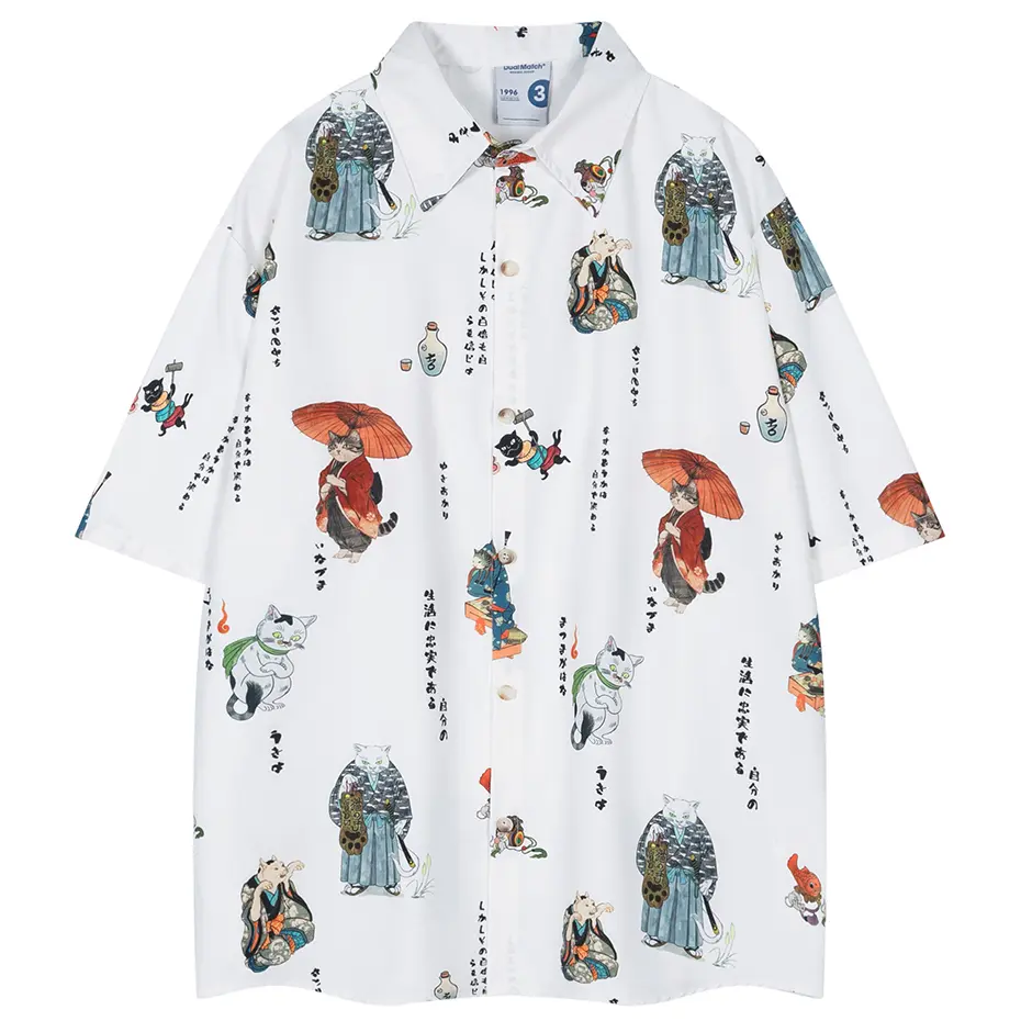 Japanese Harajuku Shirts Men Summer Casual Loose Shirts Button Up Blouse Streetwear Hip Hop Oversized Shirts